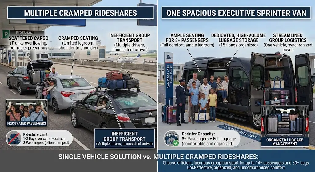 Comparison of luggage space in 14 passenger van vs small rideshare vehicles