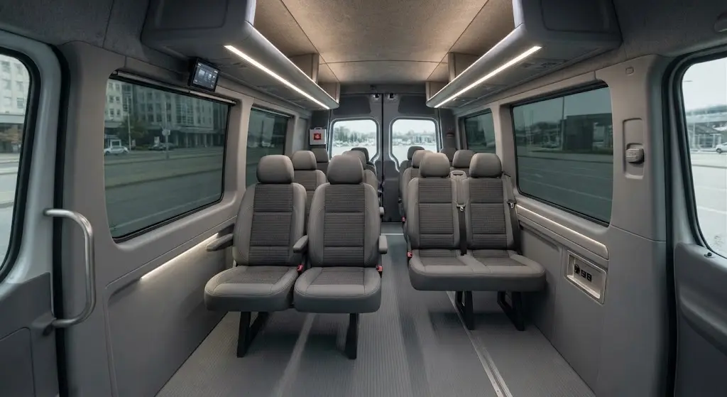 Clean interior seating of galveston shuttle fleet vehicle