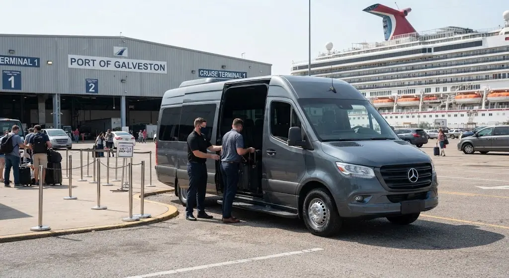 Affordable shuttle to Galveston cruise terminal dropping off travelers