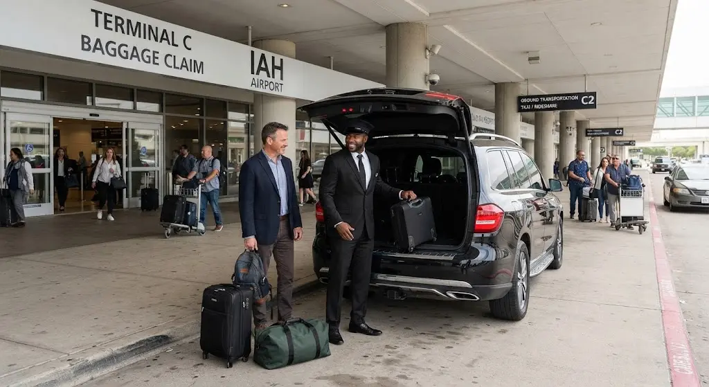 Professional chauffeur loading luggage for galveston cruise shuttle