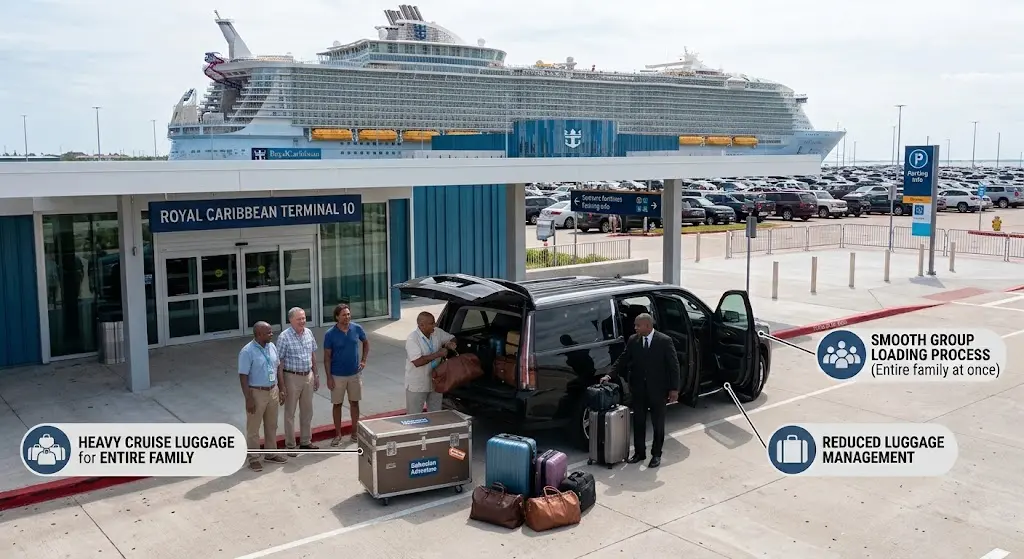 Driver unloading luggage from a Galveston cruise shuttle at terminal curbside