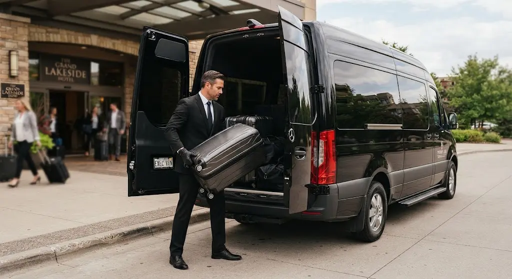 Chauffeur loading luggage for galveston cruise shuttle passengers