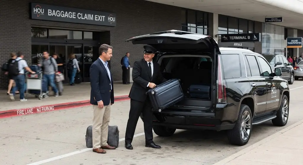 Professional chauffeur loading luggage for galveston cruise shuttle