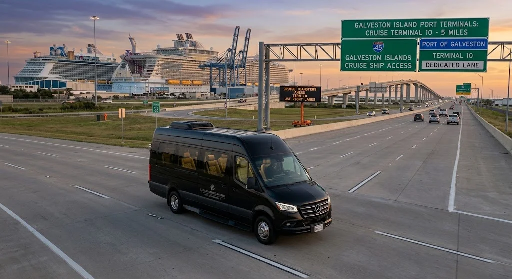 Luxury van providing Houston airport to Galveston shuttle service