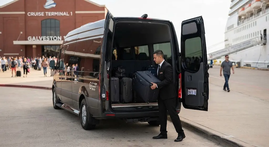 Business professionals entering a corporate event shuttle in Houston
