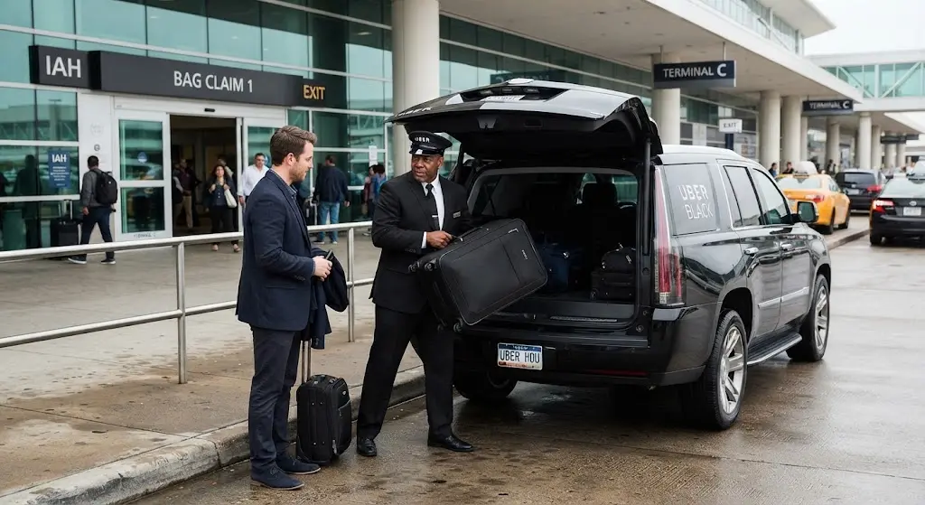Professional chauffeur loading luggage for galveston cruise shuttle