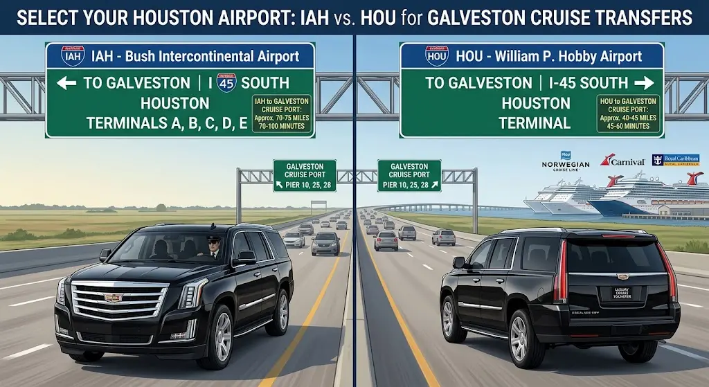 Side-by-side comparison of transfers from IAH and HOU airports to Port of Galveston.