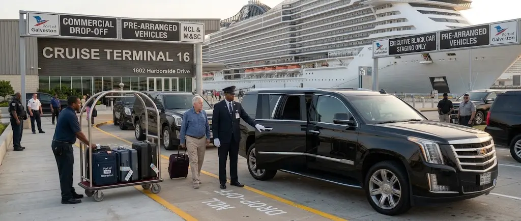 Professional chauffeur unloading luggage for passengers directly at the Terminal 16 porter drop-off station.