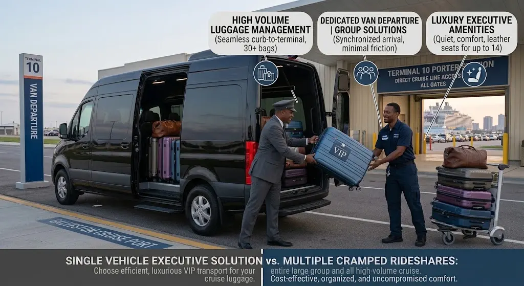Chauffeur unloading luggage from a galveston cruise shuttle at Royal Caribbean Terminal 10